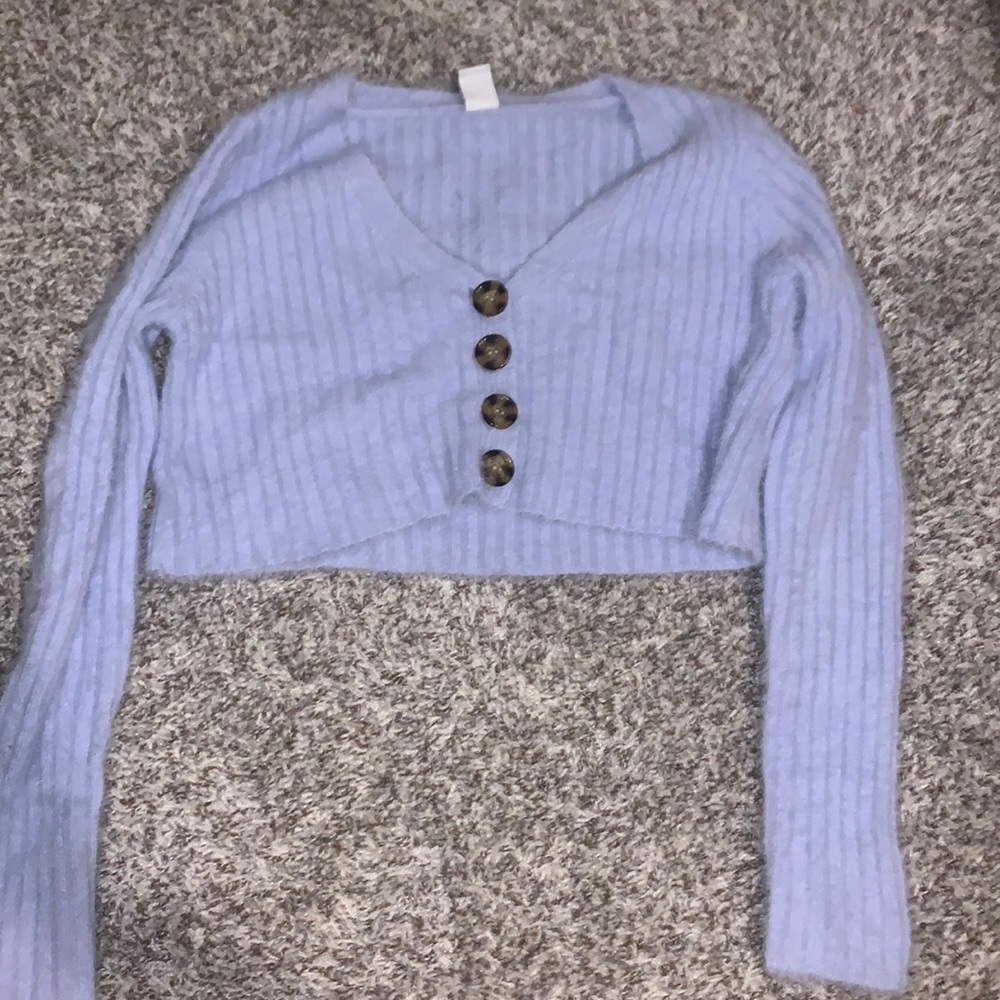 Urban Outfitters Rochelle Cropped Fuzzy Button Up Cardigan in Periwinkle